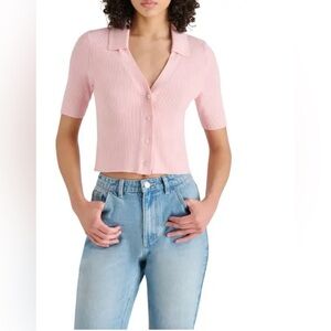 Steve Madden Light Pink Button-Up Women's Solid Rib Top